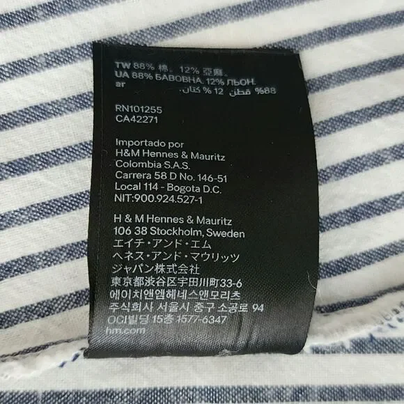 LOGG H&M One Shoulder Top Size 2 Linen Cotton White Blue Striped Embroidered - Picture 9 of 10